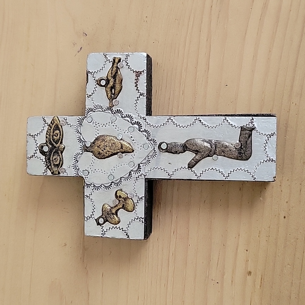 Tin & Wood Cross with Viking Symbols